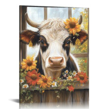 Colorful Floral Highland Cow Canvas Wall Art (12x16in) – for Living Room, Bedroom, Bathroom, Office – Home Decor Print