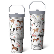 30 Oz Watercolor Horse & Flowers Tumbler with Lid & Straw – Birthday, Thanksgiving, Halloween, Christmas Gift – Compatible with Standard Car Cup