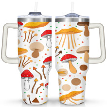 Kubek Mushroom 40oz z uchwytem i słomką, ze stali nierdzewnej, izolowany próżniowo – uroczy prezent dla kobiet, mężczyzn i przyjaciół –