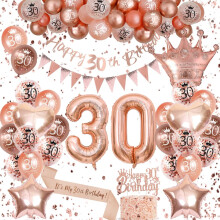 30th Birthday Decorations for Women – Rose Gold Balloon Arch Kit, Happy Birthday Banner, Champagne Balloon & Triangle Flag Banner