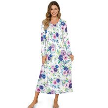 Women's Nightshirt with Button Front Cozy Long Sleeve Pajama Dress Full-Length Pjs Nightgown House Coat for Lounge Sleep Home, S, Violet Rose White