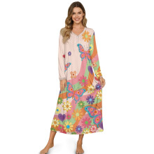 Langermet nattkjole for kvinner, myk nattskjorte med knapper foran, koselig pysjamaskjole i hel lengde – 4XL, groovy hippie