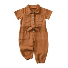 Babypige Sommer Efterår Basic Ensfarvet Kortærmet Bomuld Hør Snøre Jumpsuit Brun 18-24 Måneder