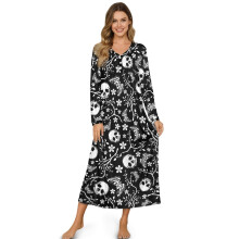 Women's Long Sleeve V-Neck Nightgown – Soft Button-Front Sleepshirt, Skull/Butterfly/Floral Black, L, for Lounge & Bedroom