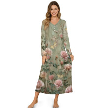 Women's Long Sleeve Nightgown, Soft Lightweight Sleep Dress with Retro Rose & Butterfly Print – Compatible with L