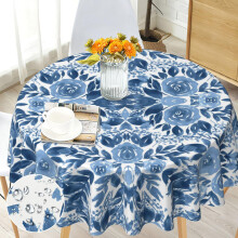 60" Round Tablecloth – Spring Floral, Stain/Water Resistant & Wrinkle-Free, Blue Flower Design for Indoor/Outdoor Use