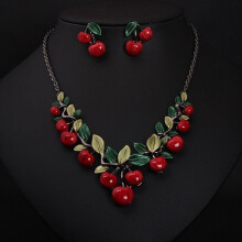 Vintage Red Cherry Fruit Jewelry Set Necklace and Earrings