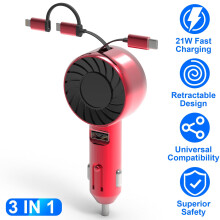 Încărcător auto retractabil Teqhome21W, 3 în 1, cablu Type-C și Micro de 31,5", compatibil cu iPhone 15/14/13 și altele