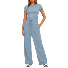 Women's Summer 2-Piece Matching Set Short Sleeve Ruched Top & Wide Leg Pants Tracksuit Light Blue XXL