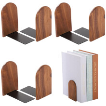 4 Pairs Walnut Wood Bookends, Heavy Duty & Non-skid, Compatible with Desks, Curved Top + Metal Base