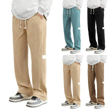 Men's Loose Fit Straight Wide-Leg Corduroy Drawstring Casual Trousers Yellow L