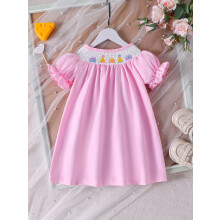 Toddler Girls' Cute Smocked Birthday Dress Cartoon Embroidery Short Sleeve Crew Neck Princess Party Dress