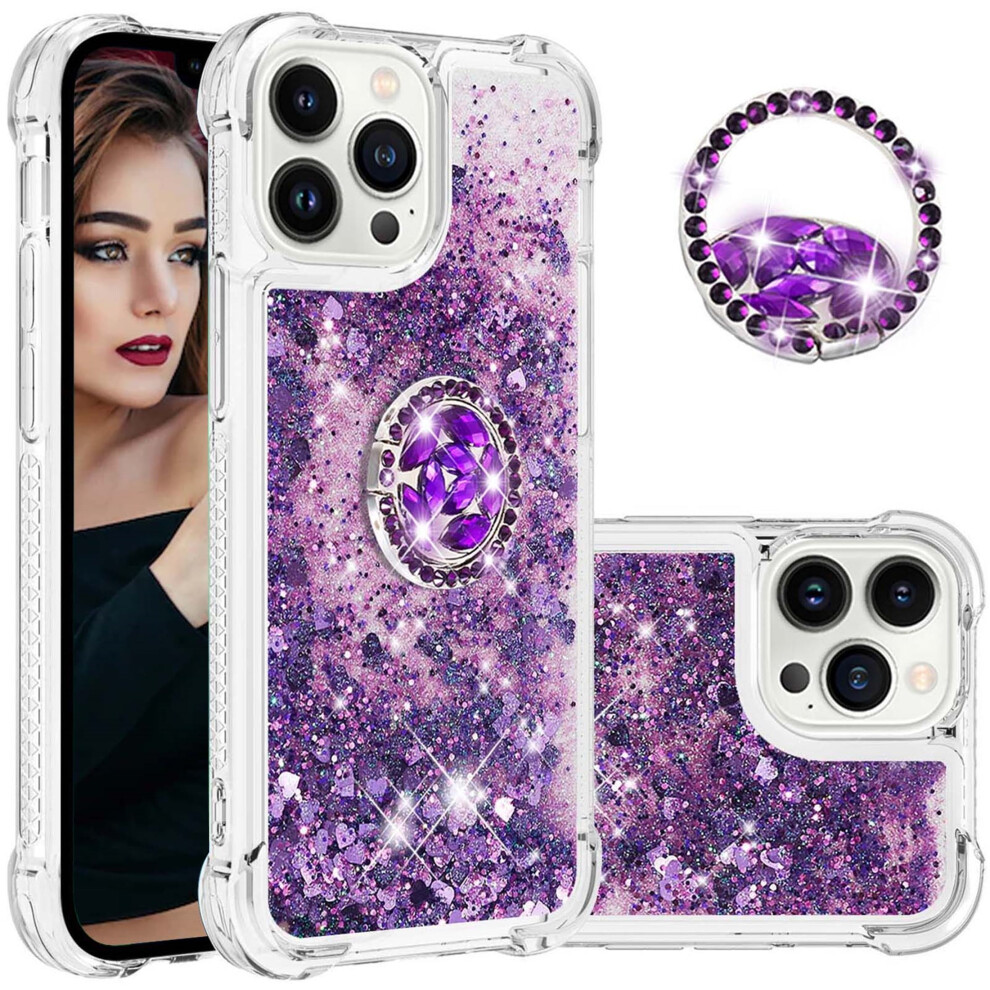 Glitter Clear Bling Case For Compatible With Iphone 15 Pro Â Quicksand Liquid Flow + Diamond Ring Holder, Lsz Purple 9028731740942