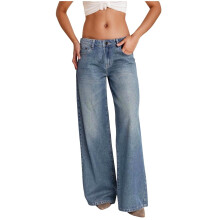 Pantalones vaqueros de mujer de pierna ancha, tiro bajo, elásticos, con botones, informales, holgados, de mezclilla lisa con bolsillos.