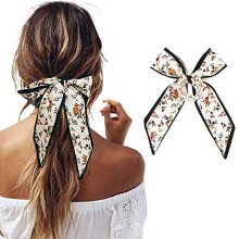 Coleteros con perlas y estampado floral, cintas elásticas para el cabello y diadema con lazo de pañuelo para mujeres/niñas (beige)