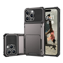Compatible with iPhone 15 Pro Max Case – Rugged 2-in-1 Wallet Cover with 5 Card Slots, Flip Design, Dual-Layer PC & TPU Protection, Gray