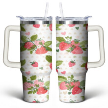 Erdbeer-Becher (887 ml) mit Griffdeckel und Strohhalm – Edelstahl, doppelwandig, vakuumisoliert, süßes Geschenk für Frauen, Männer und Freunde
