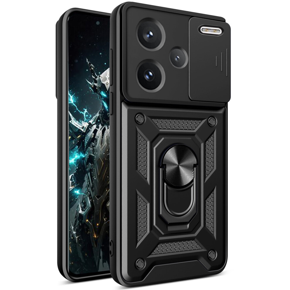Csmall Case For Xiaomi Redmi Note 13 Pro+ Plus 5G: Slide Lens Cover, Military Shockproof, Ring Kickstand Â Sj Black 9479868008601
