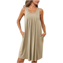 Women's Plus Size Nightgowns With Pockets, Solid Tank Sleep Shirts Pleated Sleeveless Sleepwear Soft Chemise Nightdress