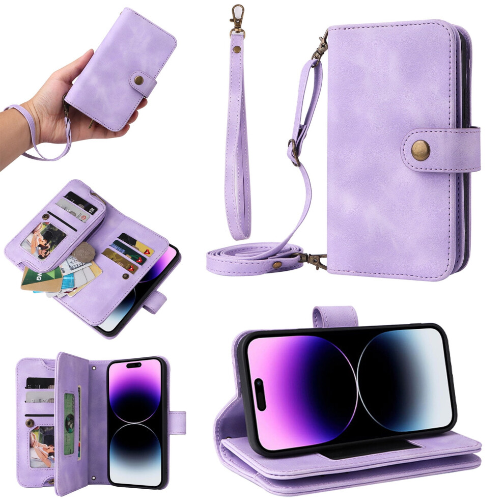 Compatible With Iphone 15 Pro Max Wallet Case Â Pu Leather, 6 Card Slots, Removable Crossbody Lanyard & Zipper Purple 9479868007789