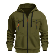 SYMOID Men's M Army Green Zip Hoodie – 100% Polyester, Kangaroo & Zip Chest Pockets, Orange Zippers, Gym/Daily Wear