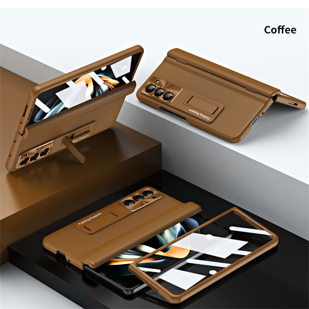 Allytech Slim Pu Leather Case For Samsung Galaxy Z Fold 4 Â Shockproof, Hinge Protection, Foldable Kickstand & Tempered Glass Â Coffee Brown 9479868009318