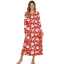 Women's Christmas Nightgown – Button Front, Long Sleeve, Soft Full-Length Sleep Dress with Santa/Star/Candy Cane Print, Red, L