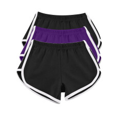 Dames katoenen sportshorts (3-pack) – Zwart+Zwart+Paars, Yoga/Workout/Relaxen, Geschikt voor zomeractiviteiten