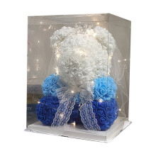 Valentine's Day Rose Teddy Bear with LED Lights, 10", Artificial Flower Decoration, Clear Gift Box – Blue