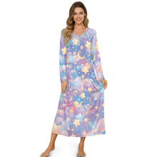 Women's Long Sleeve Nightgown, Soft Lightweight Sleep Dress with Star Moon Clouds Pattern, Violet Blue, 4XL – Compatible with All Standard Beds