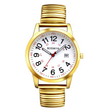 Herenhorloge met elastische band, grote wijzerplaat en gemakkelijk afleesbare cijfers, rond quartzhorloge met goud/zilverkleurige elastische band.