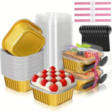 Set van 20 aluminium bakvormen voor brownies, mini cakevormpjes van 280 ml met deksels, wegwerp ramekins, vierkante cupcakevormpjes, flan- en