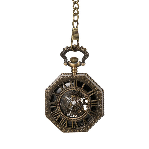 Men's Octagonal Skeleton Pocket Watch with Roman Numerals