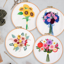 Blingpainting Blomsterbroderikit til begyndere, 4 dele korsstingsstartsæt med bøjle, klud og tråde