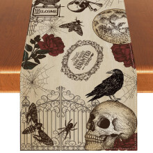 Rvsticty Linen Retro Halloween Table Runner - Gothic Skull Tablecloth for Day of The Dead - Roses Skull Decor - Decorations and Supplies for Home