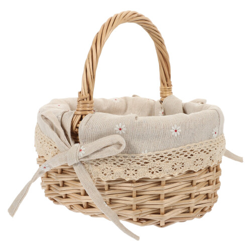 2Pcs Rustic Wicker Picnic Basket Handheld Khaki Linen Storage Basket 1