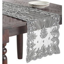SARO LIFESTYLE Pewter Hand Beaded Design Table Runner, 16" x 72"