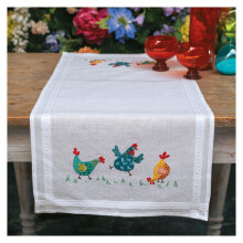 Vervaco Table Runner Kit Coloured Chickens, White, Approx. 40 x 100 cm