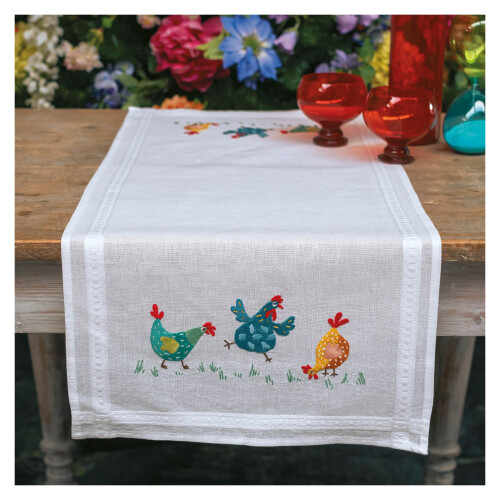 Vervaco Table Runner Kit Coloured Chickens, White, Approx. 40 x 100 cm