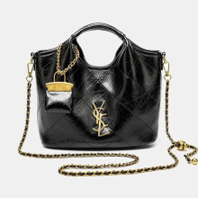 Women's Black Soft Leather Quilted Chain Shoulder Crossbody Bag, Designer Inspired Tote with Spacious Lining