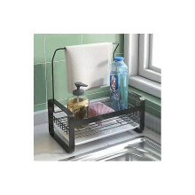 Stainless Sink Sponge Holder with Towel Rack, Removable Panel for Storing Dishwashing Brushes, Dishwashing Sponges and Dishwashing Liquid (Large Black