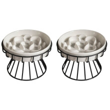 2X Raised Ceramic Cat Slow Feeder Bowl, Elevated Cat Plate with Stand, Slow Bowl for Wet and Dry Food, Friendly Pet