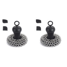 2X Cast Iron Chainmail Scrubber + Pan Scraper, Stainless Steel Skillet Cleaner, Scraper Tool for Cast Iron Pans Black