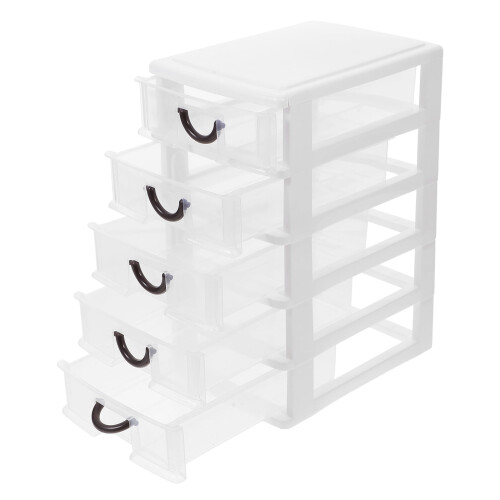 Clear White Plastic Makeup Organizer with Five Drawers for Desktop Storage