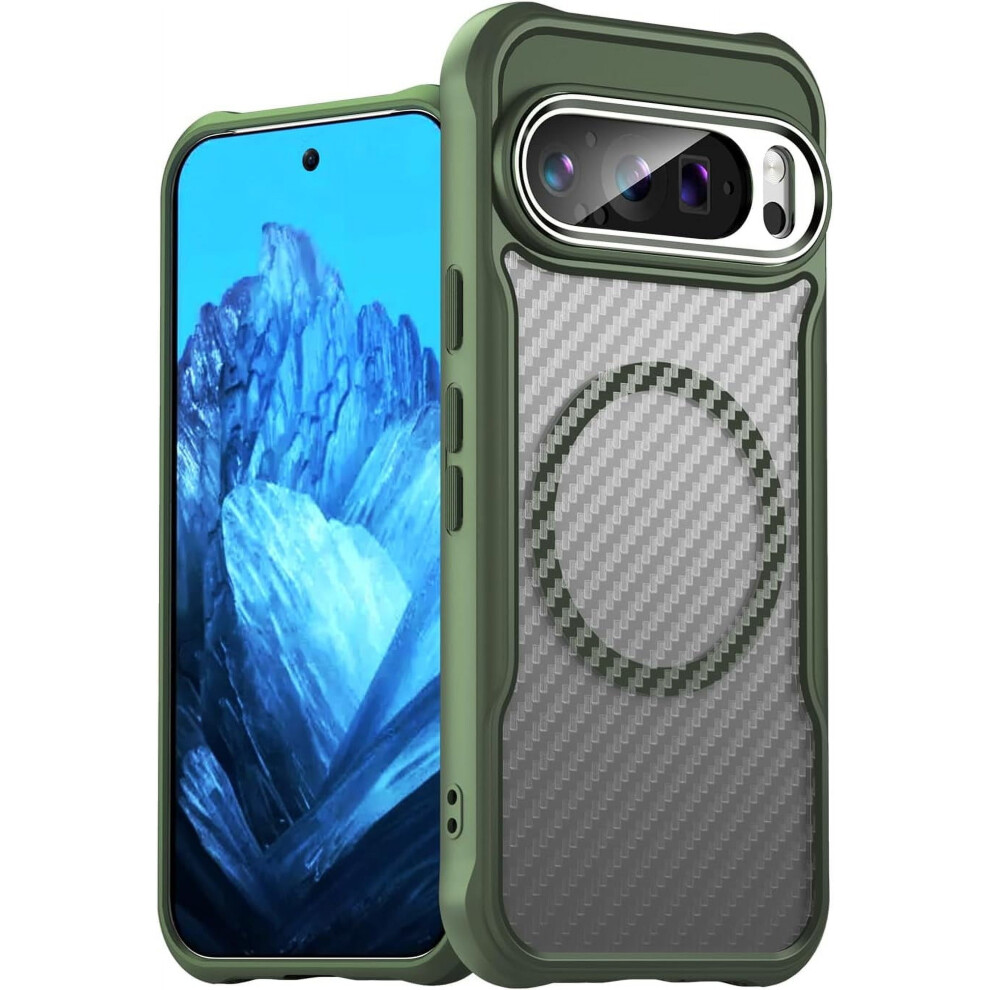 Magnetic Case For Google Pixel 8 Pro, Compatible With Magsafe – Carbon Fiber Matte Soft Silicone, Semi-Translucent, Airbag & Lens Protection, Green 9479868453197