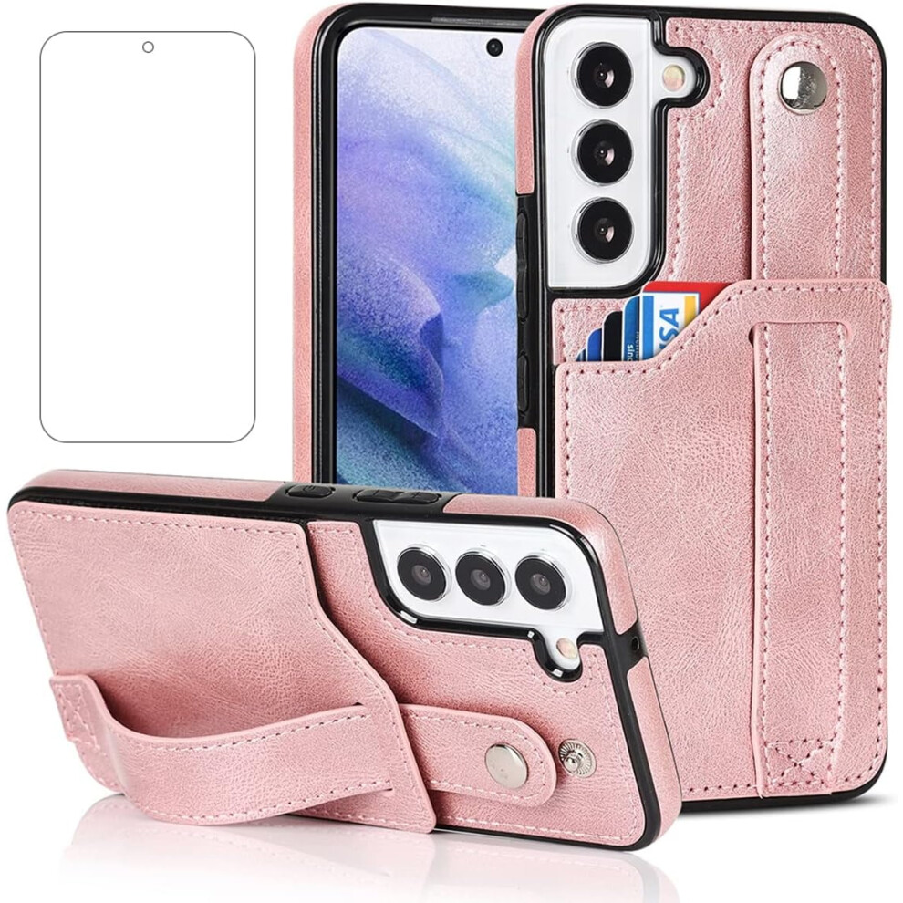 Samsung Galaxy S22 Plus 5G Case With Screen Protector, Wrist Strap, Kickstand, Card Slot, Slim Shockproof Hybrid Cover – Rose 6.6" Gold 9479868454361