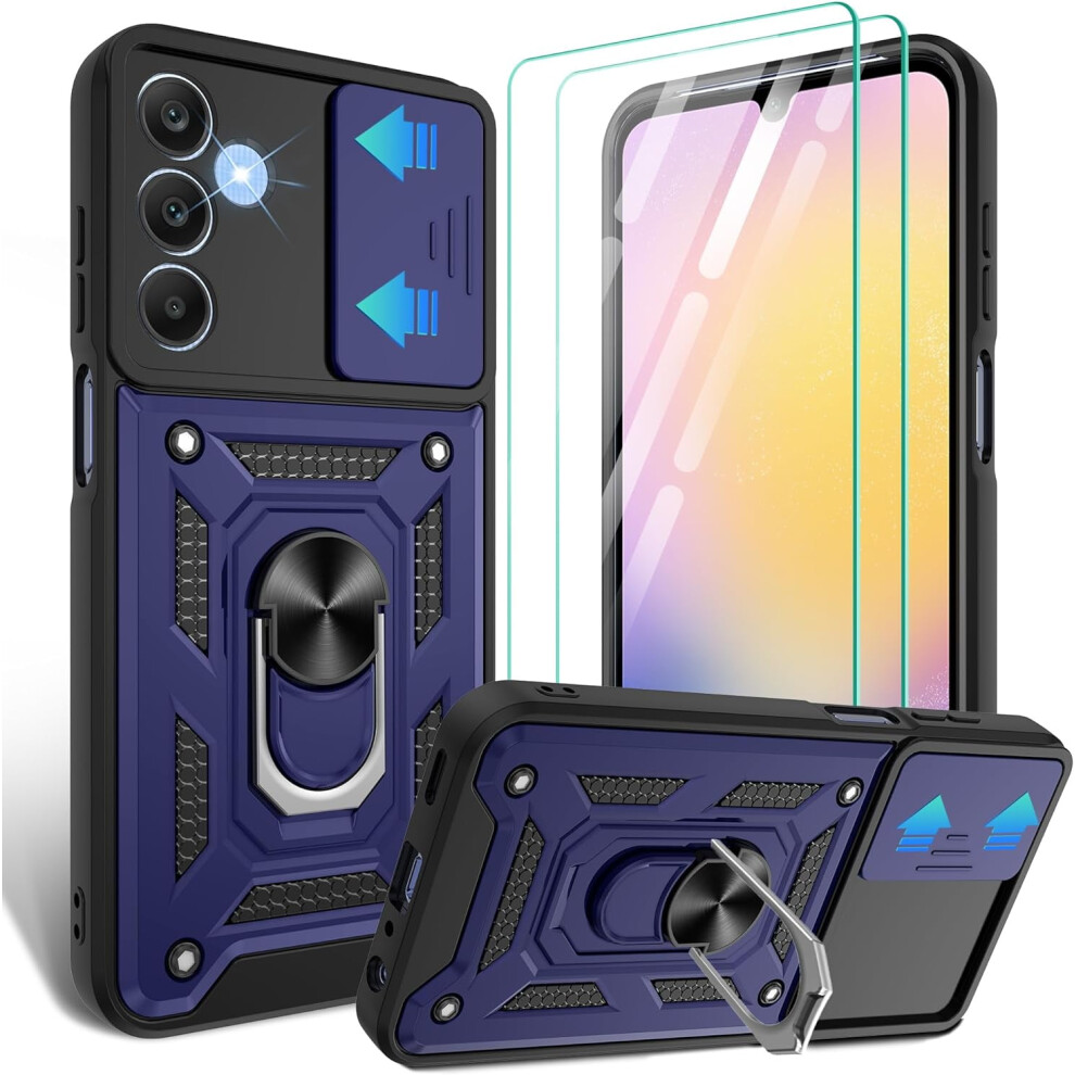 Compatible With Samsung Galaxy A25 5G Phone Case W/ 2 Screen Protectors, Slide Camera Cover & 360 Rotating Ring Kickstand Â Military Grade, Blue 9479868452763