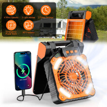 3-i-1 bærbar solcelledrevet campingvifte med LED-lys, 5200mAh powerbank, 4 vindhastigheter, 3 lys- og timermoduser
