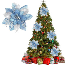 Glitter Poinsettia Xmas Ornament with Clip & Stem – Y-Light Blue, Compatible with Christmas Tree, Wedding Decor