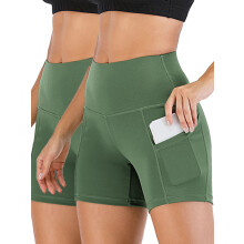 Højtaljede yogashorts til kvinder med numseløft, lommer, mavekontrol, strækbart og rynket design – Kompatibel med yoga og løb